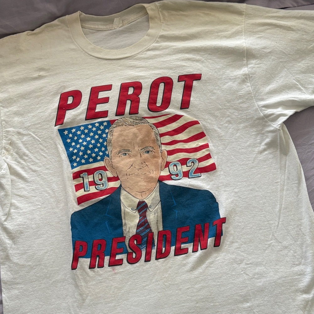 White Short-Sleeve Graphic Tee — Red & Blue 1992 Campaign Design